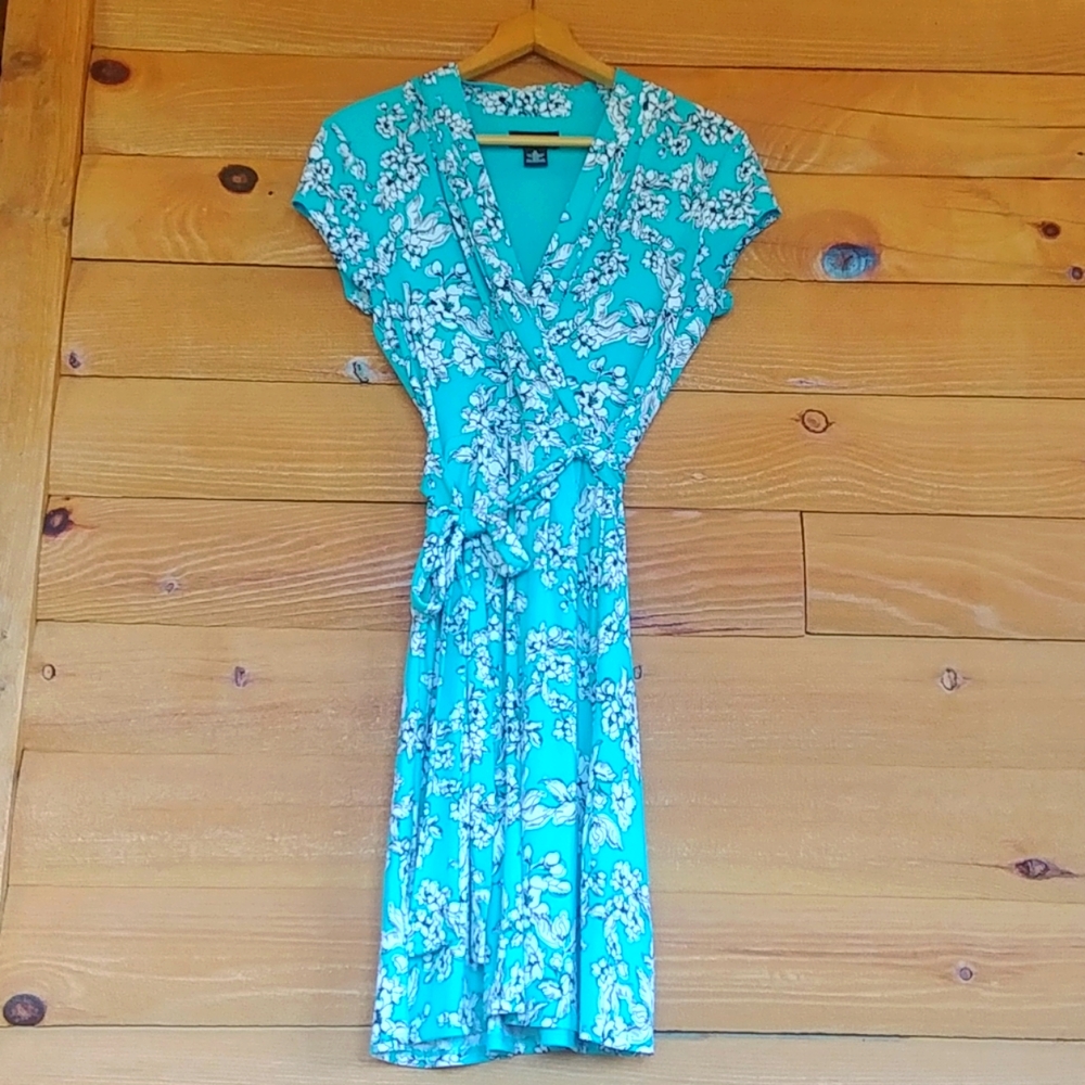 Teal and black floral print faux wrap dress